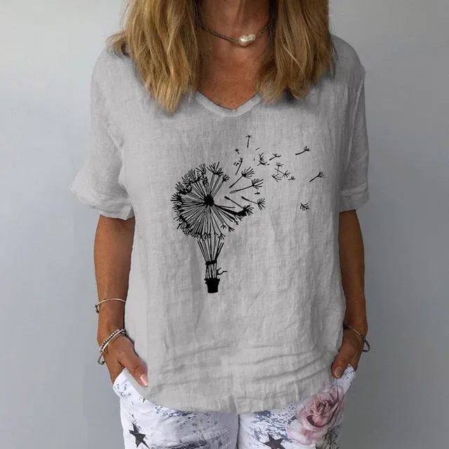 Women Summer Cotton Linen Blouse Casual V Neck Short Sleeve Femme Blouse Shirt New Letter Print 2022 Blusas Womens Tops S-3XL