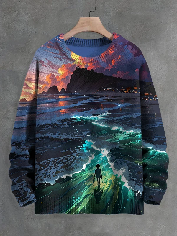 Men's Fantasy Ocean Sunrise And Sunset Scenery Print Knit Sweatshirt