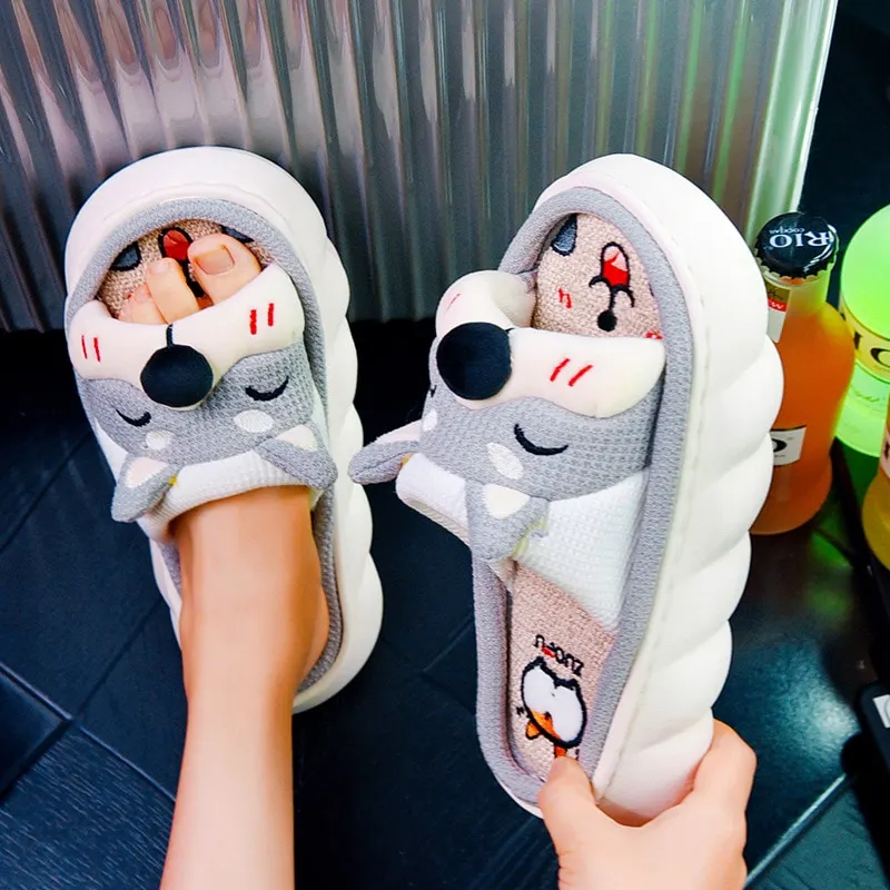 Yyvonne New Fashion Linen Slippers Women Cute Squirrel Home Platform Slippers Comfort Cartoon Couple Ladies Slides Free Shipping