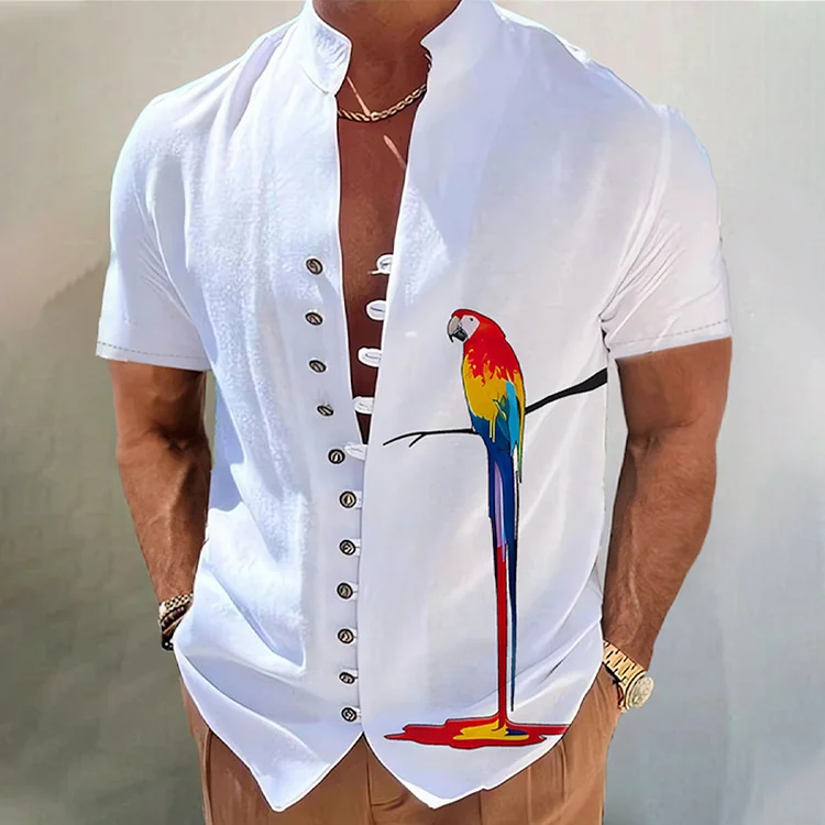 Men's Vacation Parrot Stand Collar Short Sleeve Shirt