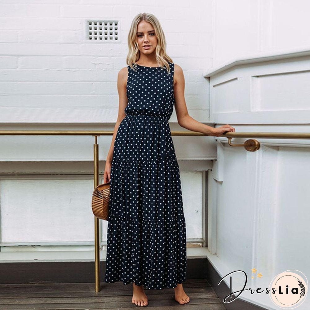 Holiday Summer Women Boho Sleeveless Maxi Polka Dot Dress Casual Beach Long Dress