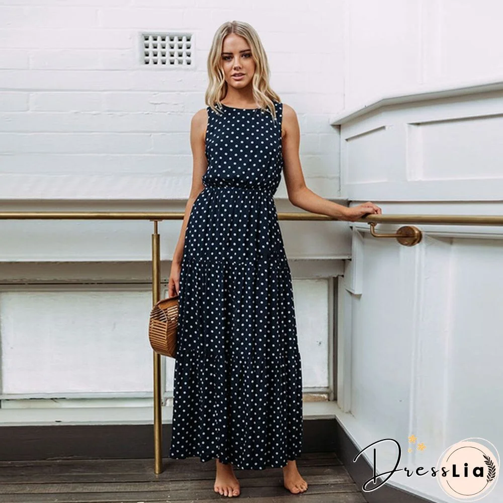 Holiday Summer Women Boho Sleeveless Maxi Polka Dot Dress Casual Beach Long Dress