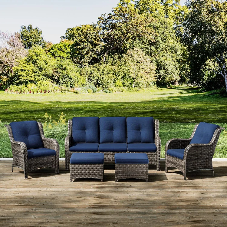 Patio Furniture Set 5-Piece Wicker Outdoor Furniture Conversational Set with 3-Seat Sofa, 2 Armchairs, 2 Ottoman Patio