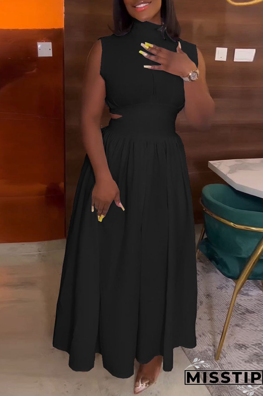 Black Elegant Solid Hollowed Out Patchwork Half A Turtleneck A Line Dresses