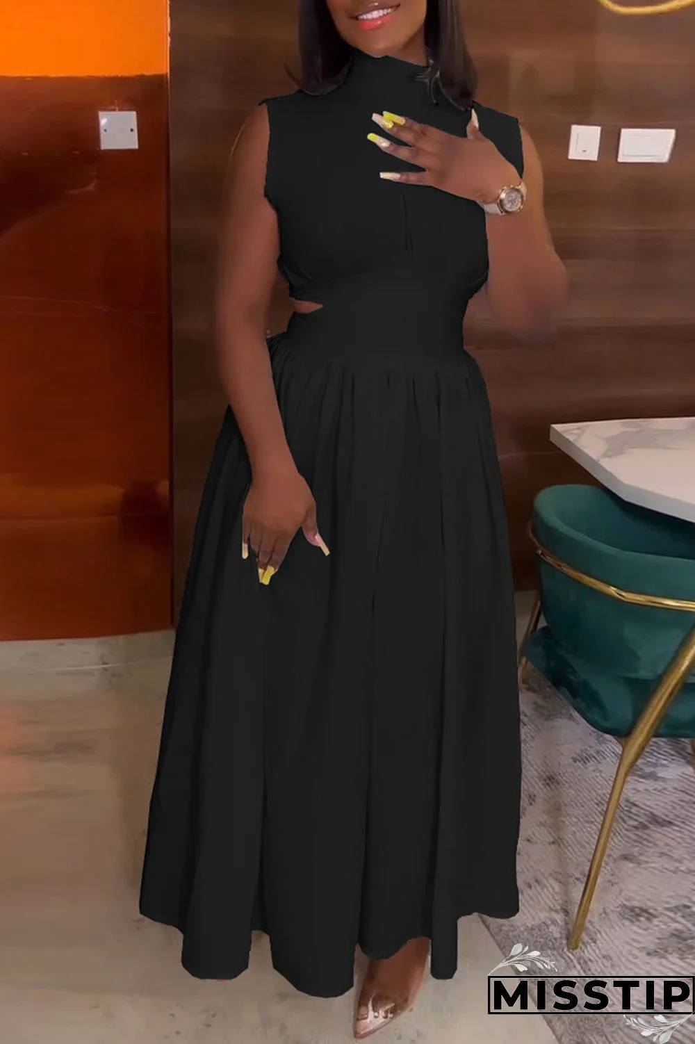 Black Elegant Solid Hollowed Out Patchwork Half A Turtleneck A Line Dresses