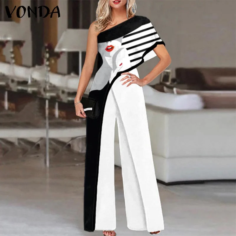 Wide Leg Rompers Casual Palazzo VONDA 2022 Women Playsuits Loose Solid Sexy One Shoulder Jumpsuits Summer Office Party Overalls
