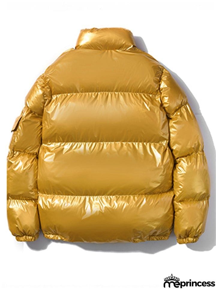 Trendy Casual Solid Zipper Stand Collar Loose Shiny Reflective Coats