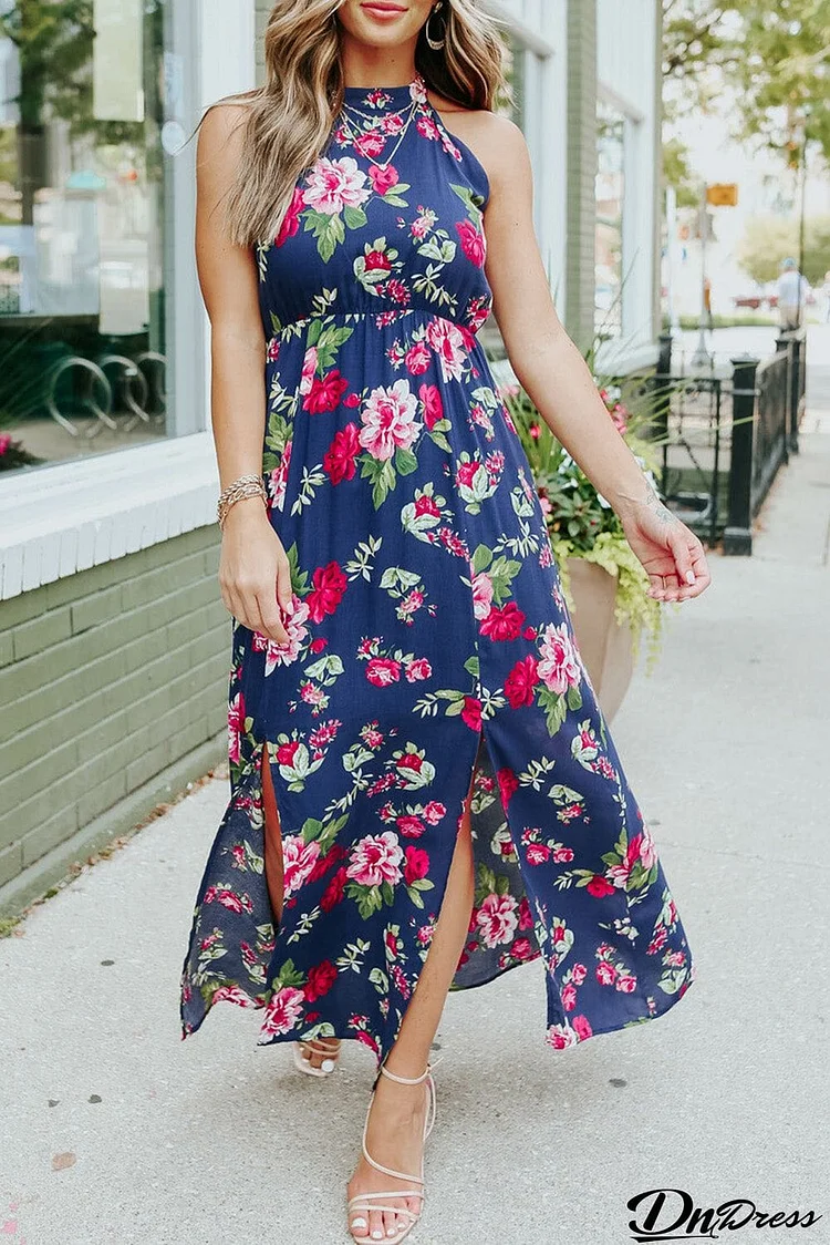 Halter Neck Sleeveless Floral Dress with Slits