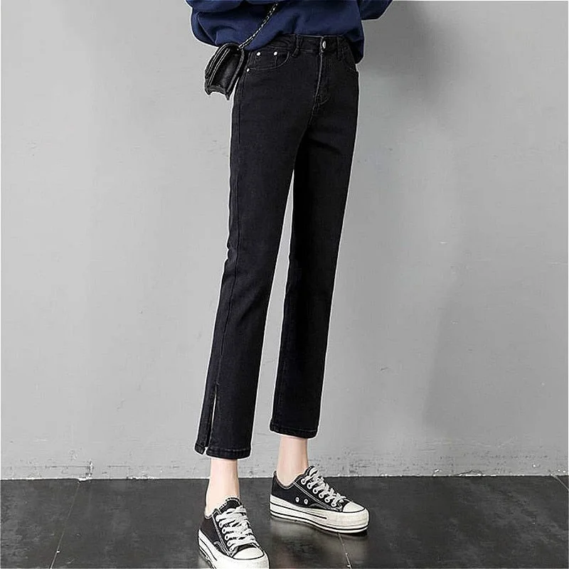 Solid Jeans Women Straight Slim Denim Plus Size Korean Style Side Slit Ankle-length College Trendy All-match Female Bottom Chic