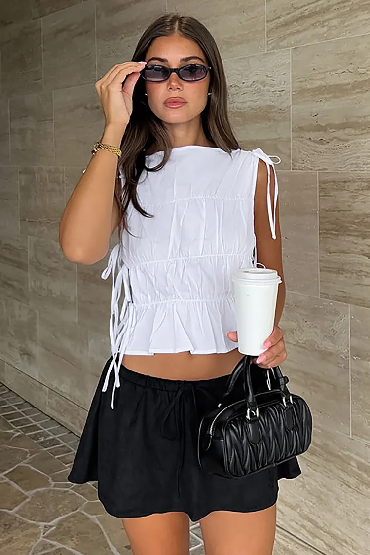 Sleeveless Tie Up Solid Color Ruched Crop Top-White
