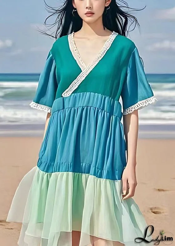 Casual Blue V Neck Patchwork Wrinkled Linen Dress Summer