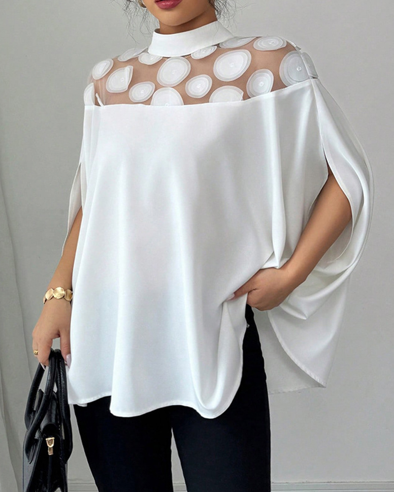 Cape Sleeve Sheer Mesh Circular Stand Up Collar Top