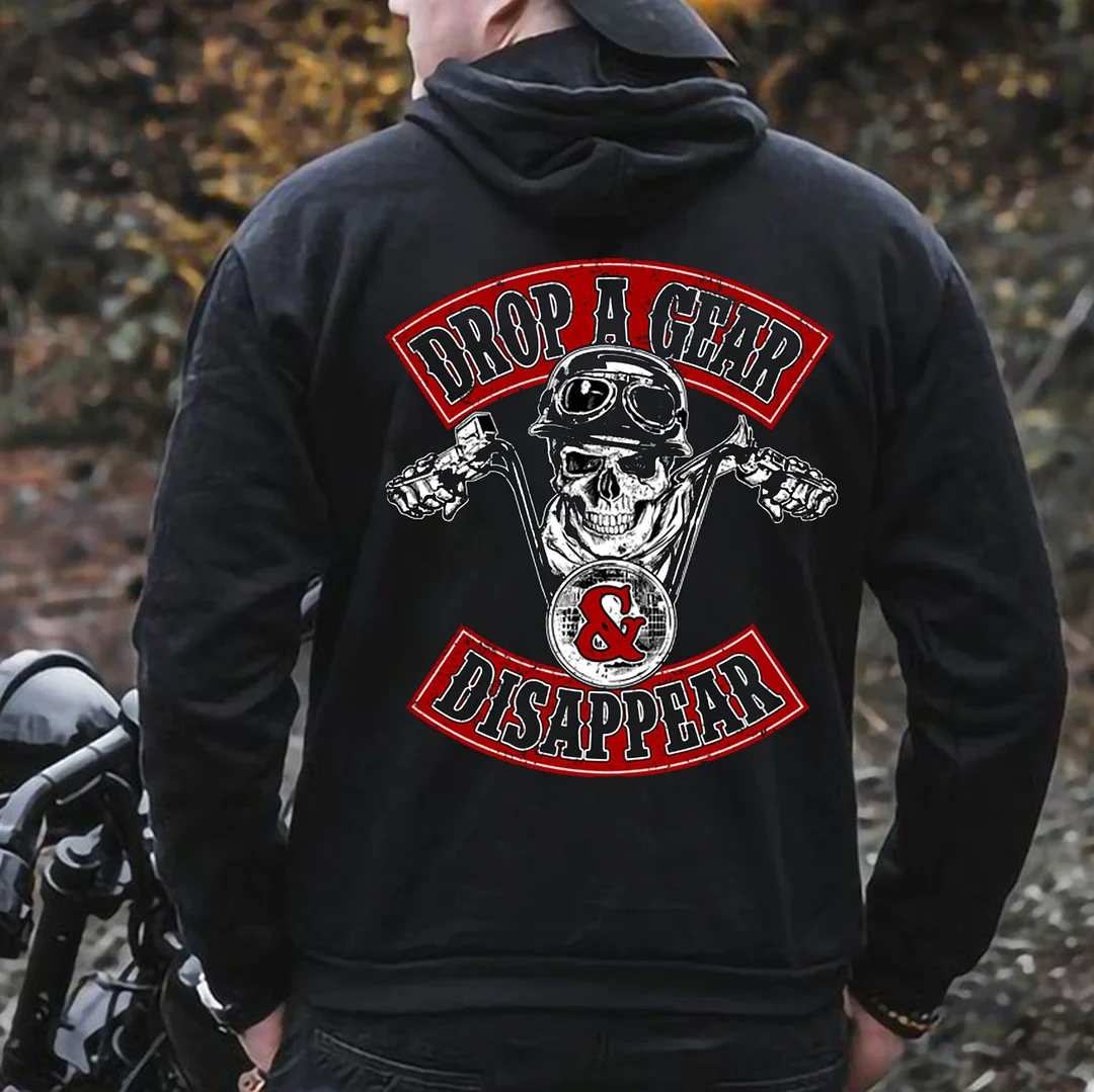 DROP A GEAR DISAPPEAR Skeleton Motorcyclist Print Men's Hoodie