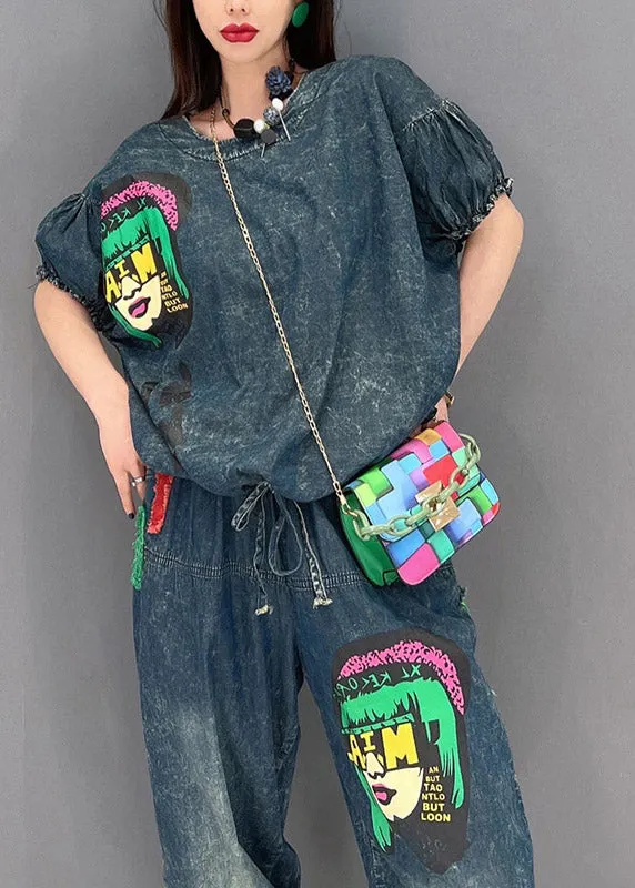 Handcrafted Blue O-Neck Wrinkled Appliques Denim Tops and Pants-Two Piece Set Women