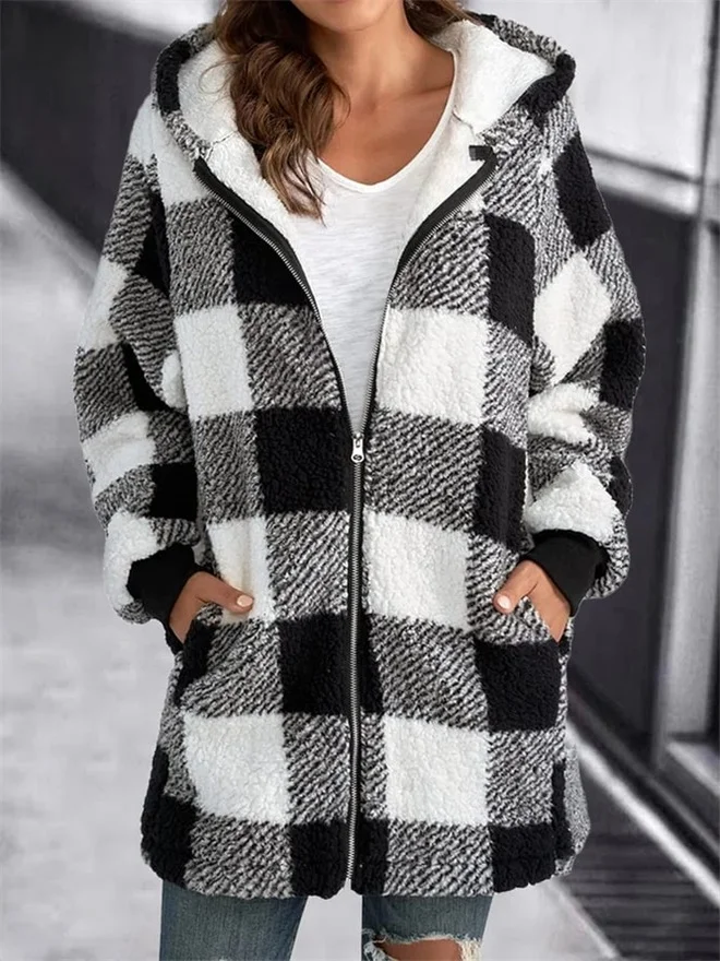 Nzeindustrio Women Oversized Hoodie Plaid Loose Overcoat