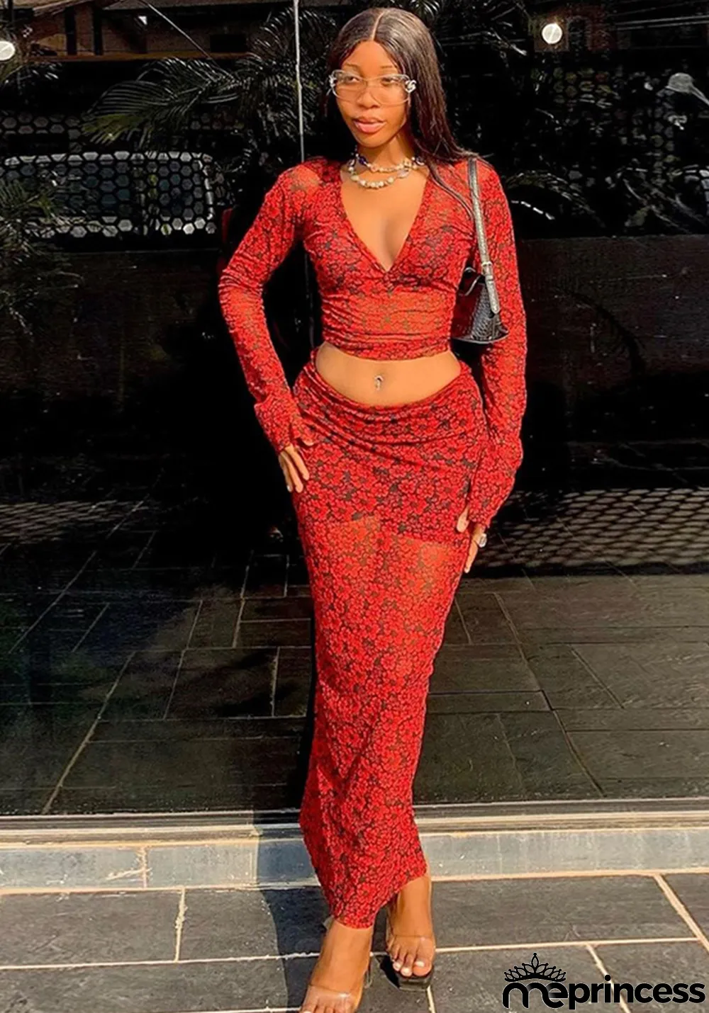 Fashion Print Sexy Deep V Long Sleeve Crop Top Bodycon Skirt Two-Piece Set