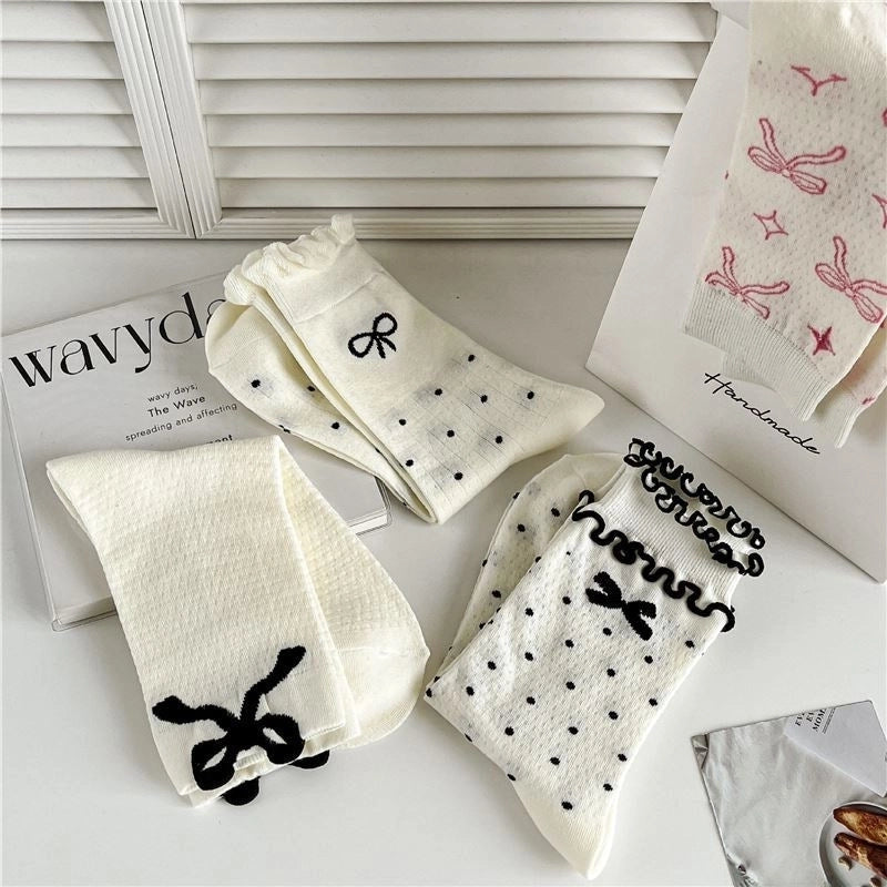 Bowknot Socks Women’s Spring And Summer Mid-length Socks Thin Sweat-absorbent Stockings Black And White Versatile Trendy Zhuji Socks