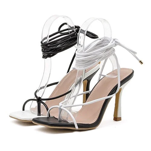 Women's High Heel Plus Size Sandals Women Sexy Heels Black White Straps Lace-Up Summer Fashion Party Shoes Ladies Footwear