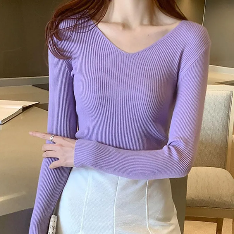 Elastic Sweater 2021 Autumn Winter Knitted Ribbed Pullovers Full Sleeve V-Neck Slim Jumper Solid Slim Shirt Casual Warm Tops Hot