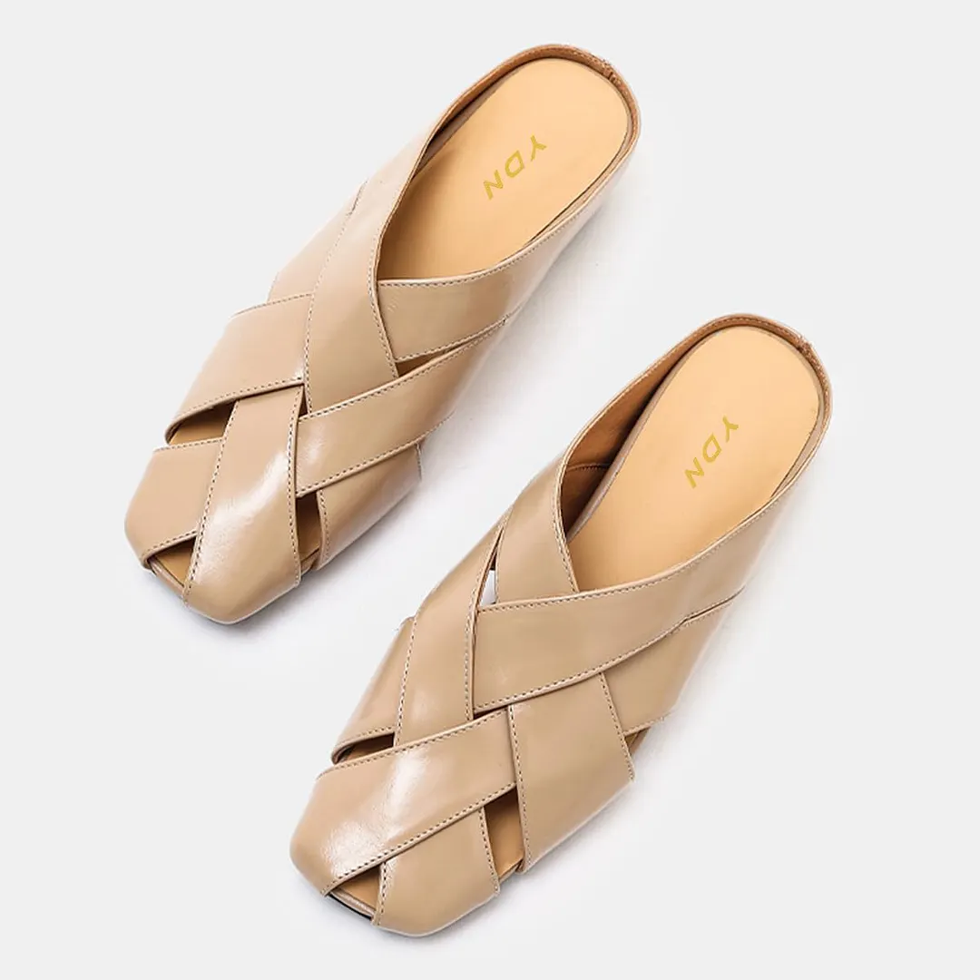Nude Vegan Leather Square Toe Woven Flat Casual Mules for Women