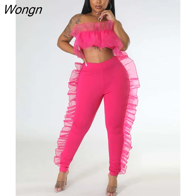 Wongn Sexy White Mesh Patchwork Skinny Matching Set Women Strapless Crop Top And Legging Suit Mullein Edge Tracksuit