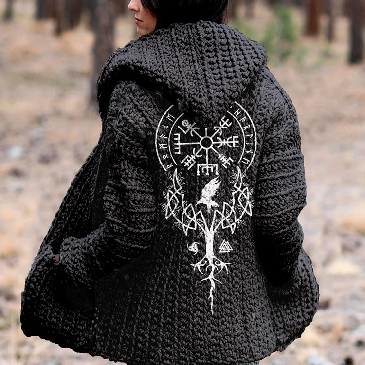Retro Viking Totem Print Hooded Cardigan Sweater