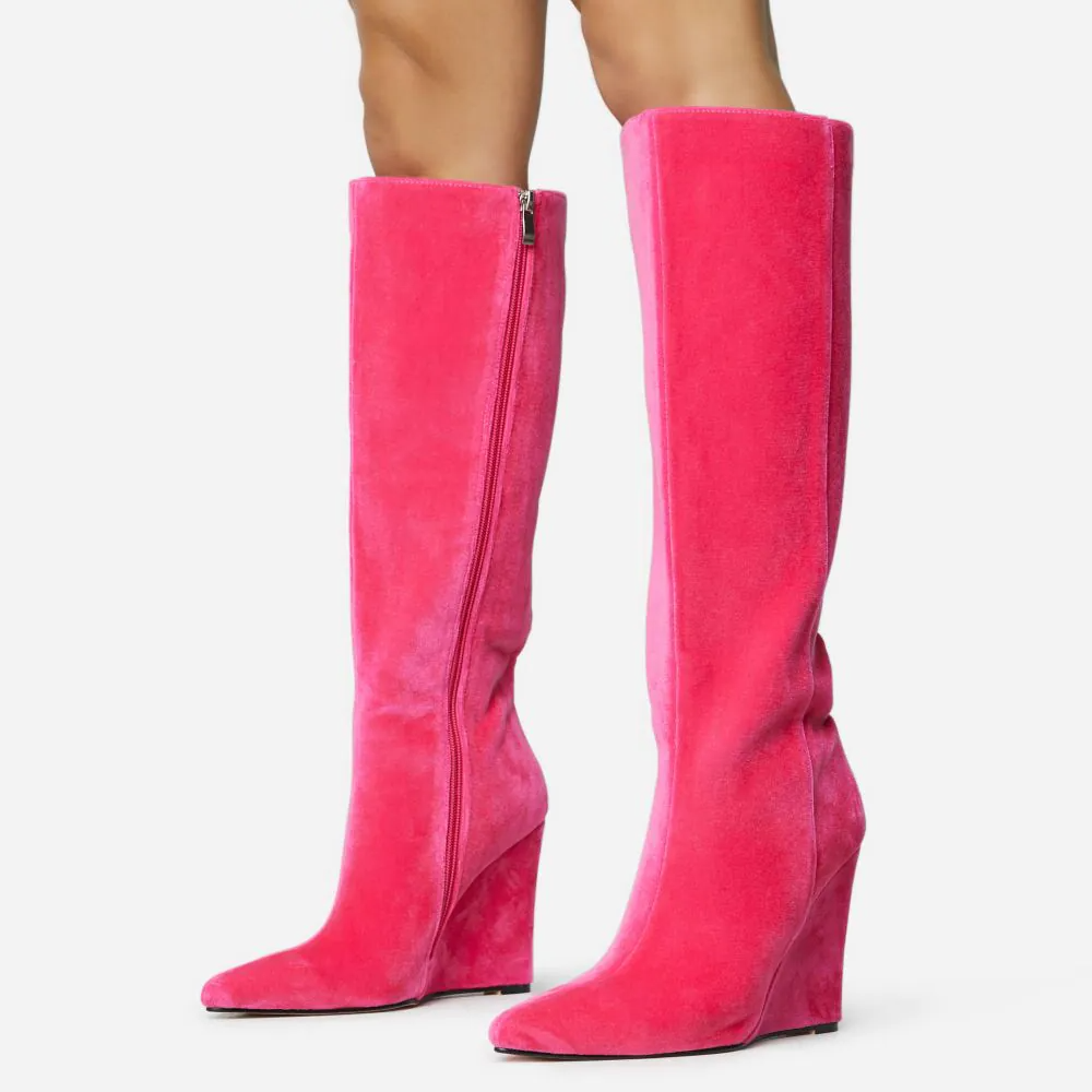 Pink Faux Suede Closed Pointed Toe Knee High Winter Boots With Wedge Heels Nicepairs