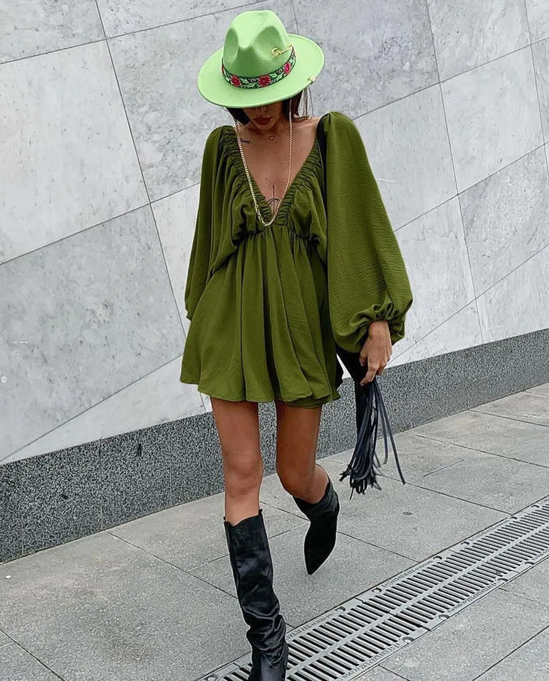 Nigikala Nigikala New V-Necked Long-Sleeved Dress Independent Design Bubble Sleeve Dress