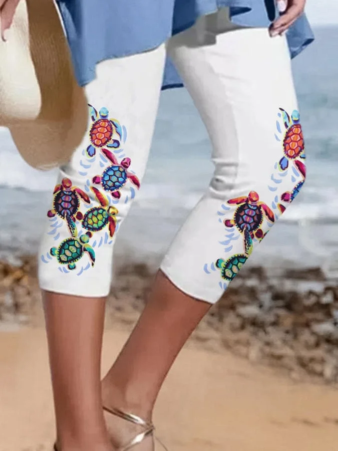 Vacation Watercolor Sea Turtle Print Leggings