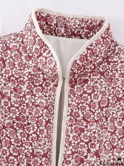 Floral Open Front Puffer Jacket with Pockets