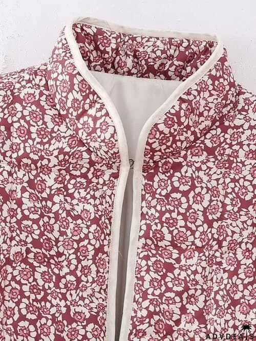 Floral Open Front Puffer Jacket with Pockets