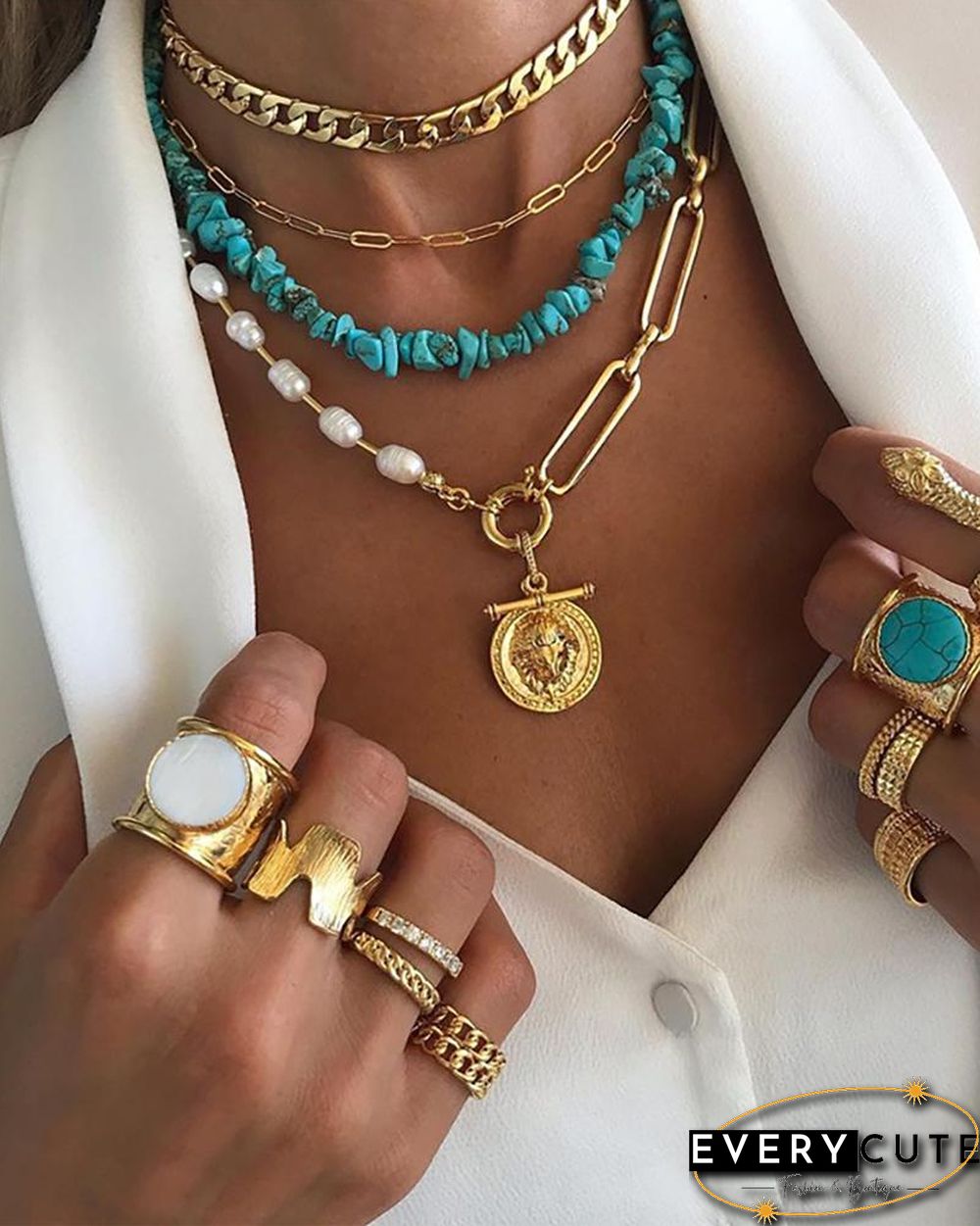 Coin Pendant Beaded & Chain Layered Necklace