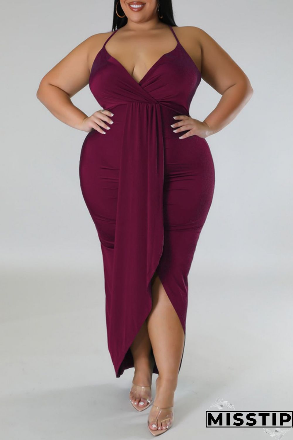 Purple Sexy Solid Patchwork Backless V Neck Sling Dress Plus Size Dresses