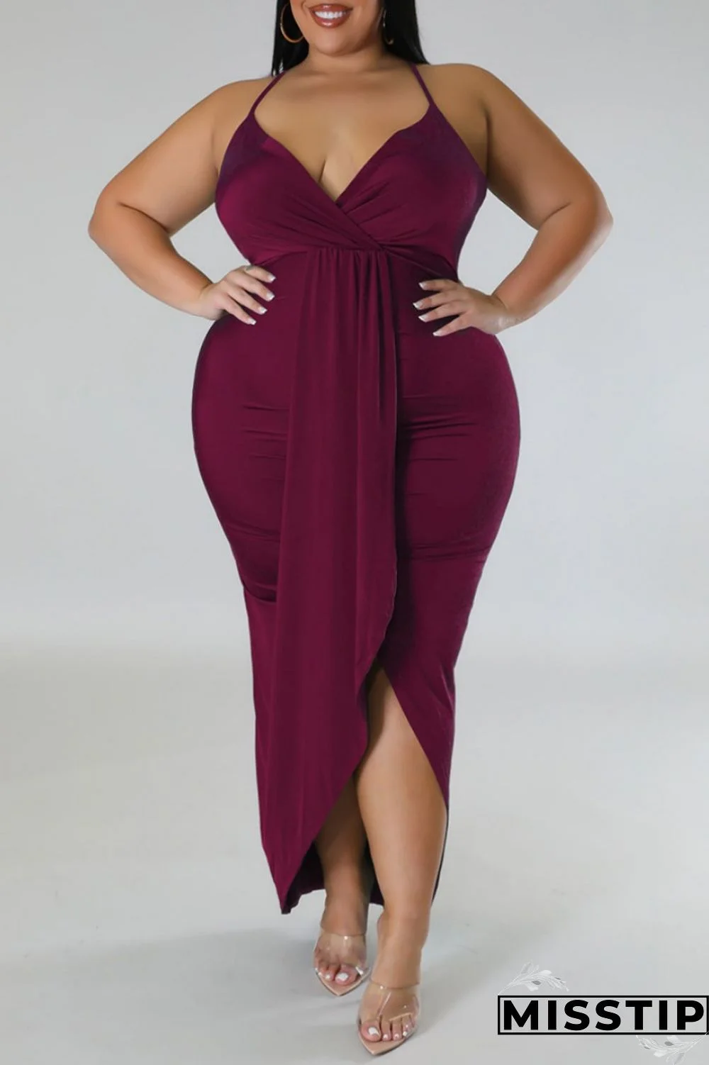 Purple Sexy Solid Patchwork Backless V Neck Sling Dress Plus Size Dresses