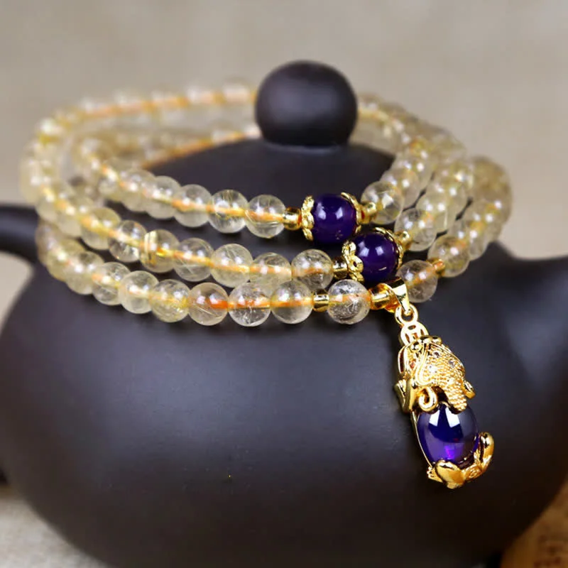 Citrine Amethyst PiXiu 108 Beads Four Leaf Clover Mala Happiness Protection Bracelet