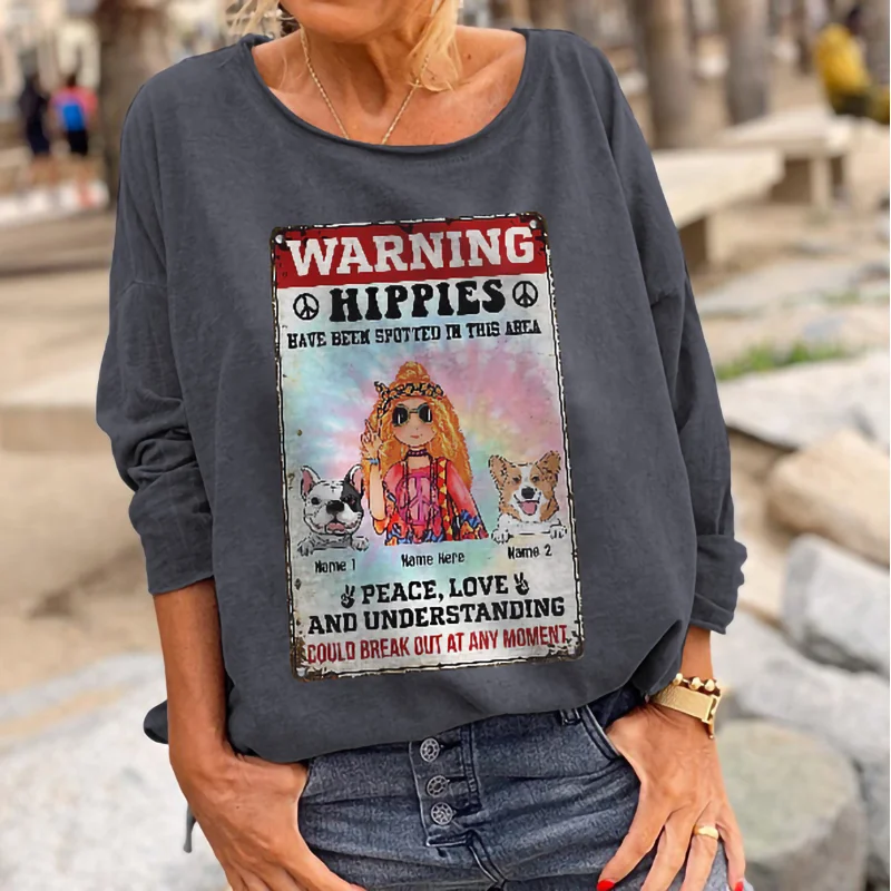 Hippie Girl And Doggies Print Trendy Long Sleeve Tee