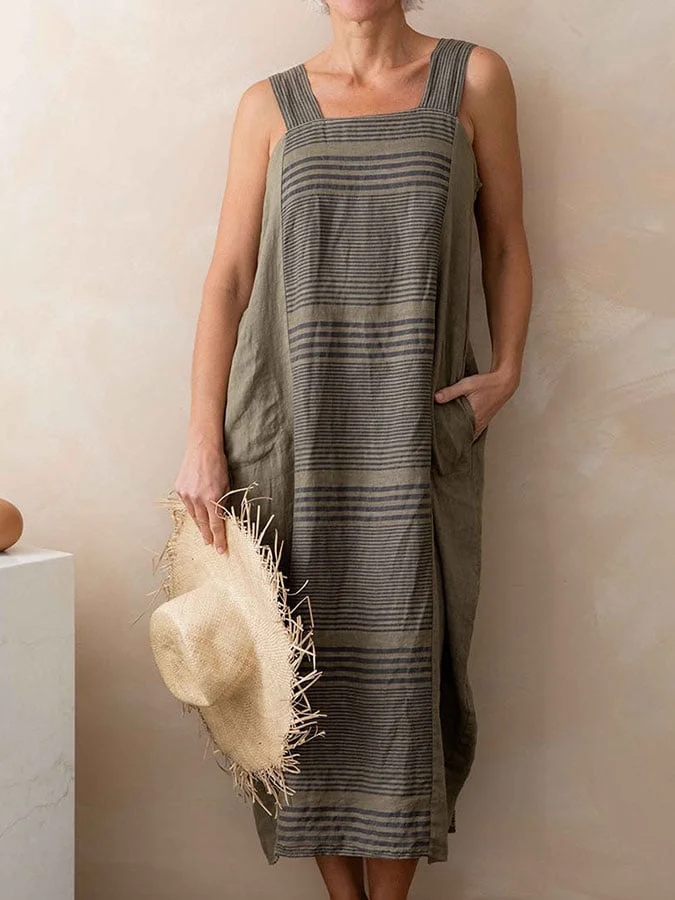 Women's Retro Cotton and Linen Striped Casual Dress