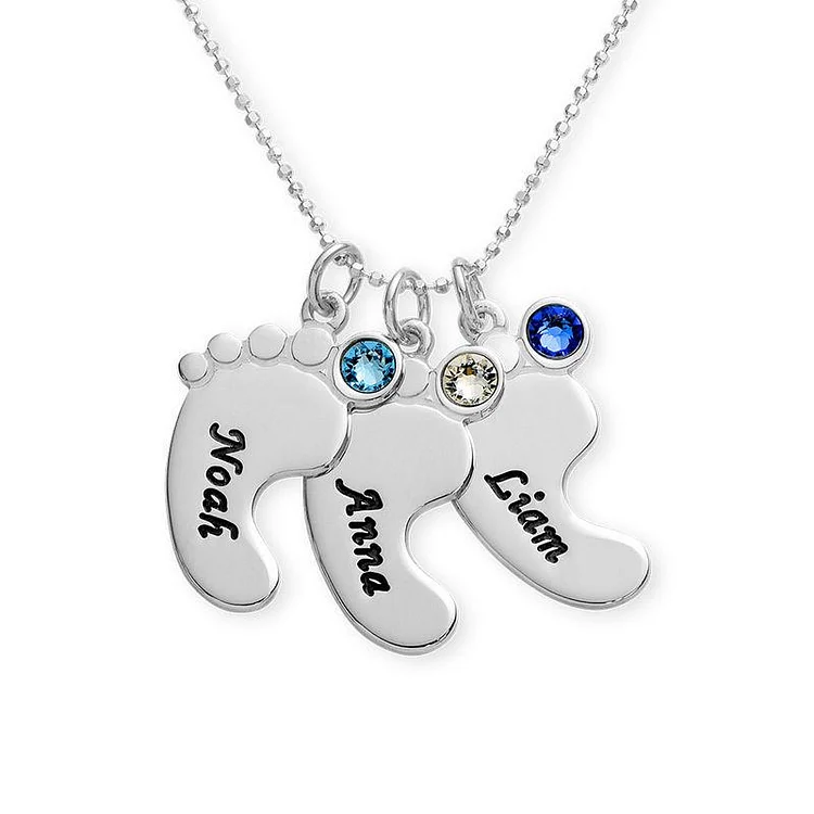 Personalized Baby Feet Pendant Necklace with 3 Birthstones Engraved 3 Names