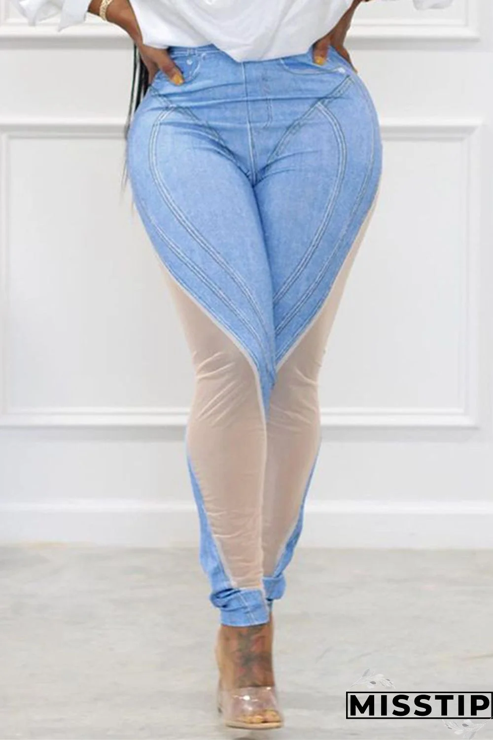 Light Blue Casual Print Patchwork Skinny High Waist Pencil Trousers