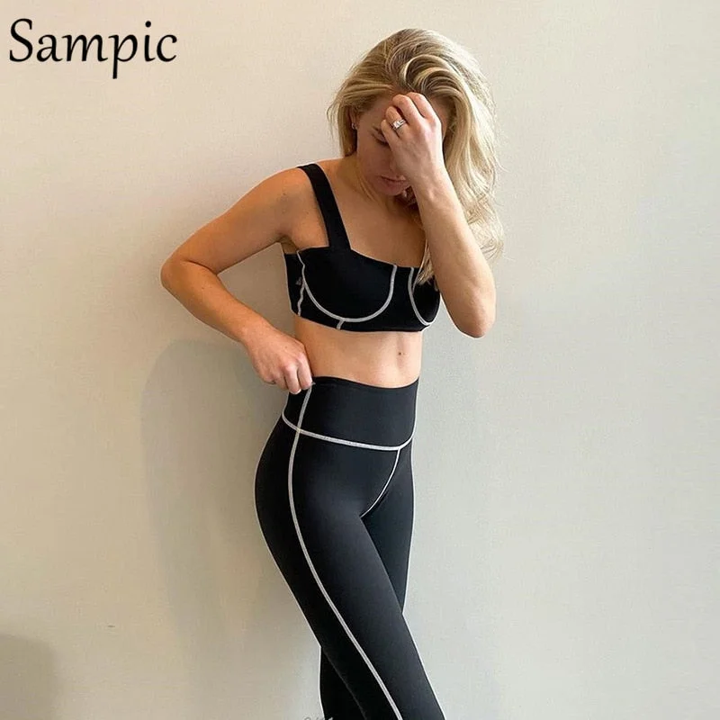 Sampic Casual Fashion Tracksuit Women Pants Set Sport Black Sexy Crop Tops And Long Bodycon Biker Pants Suit Two Piece Set 2021