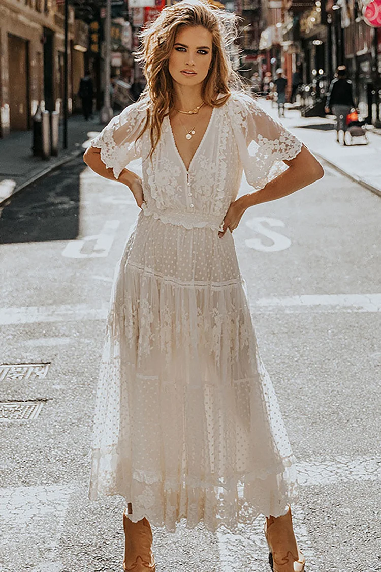 Lace Patchwork V Neck Flutter Sleeve Maxi Dresses
