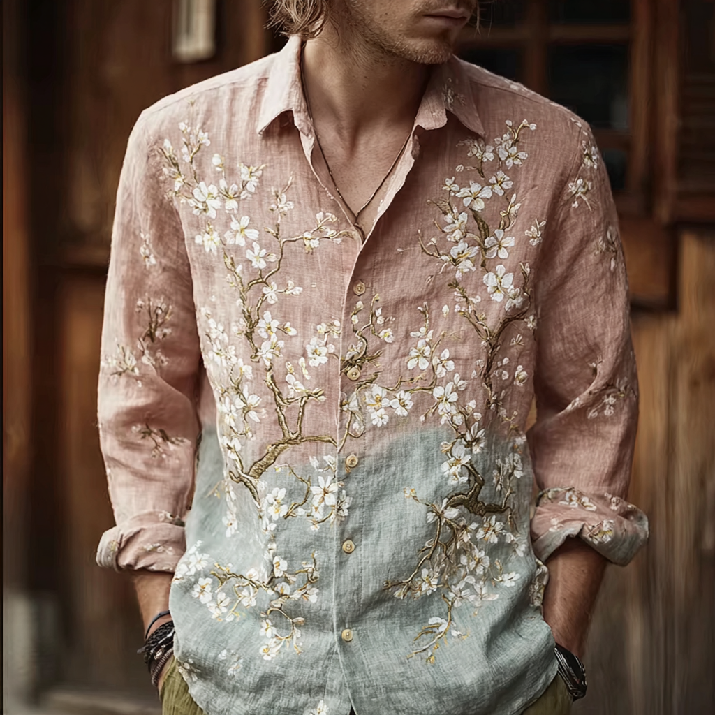 Bohemian Retro Style Floral Print Men's Long-sleeve Shirt  artssus