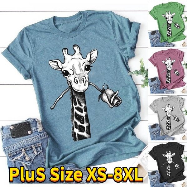 Cute Giraffe Cartoon Rose Printed Short Sleeve Shirt Casual Women Ladies Fashion Loose O-neck T-shirt Cotton Summer Top Plus Size XS-8XL - Shop Trendy Women's Clothing | LoverChic