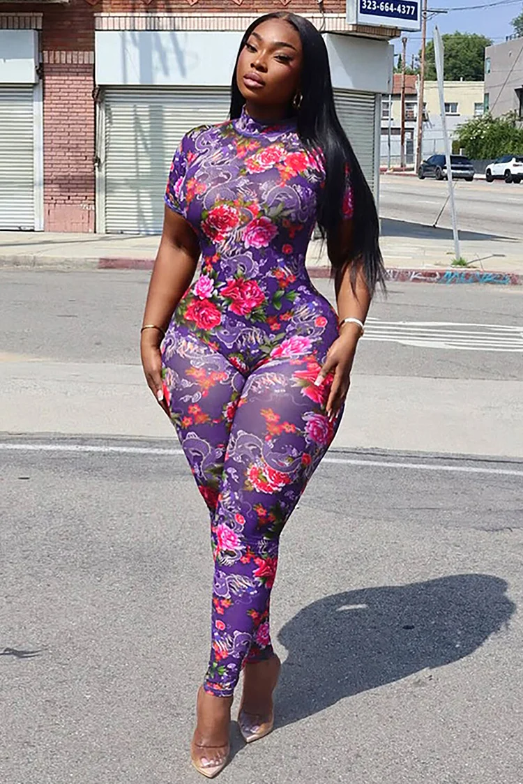 Floral Print Short Sleeve Stand Collar Backless Mesh Skinny Jumpsuit-Purple