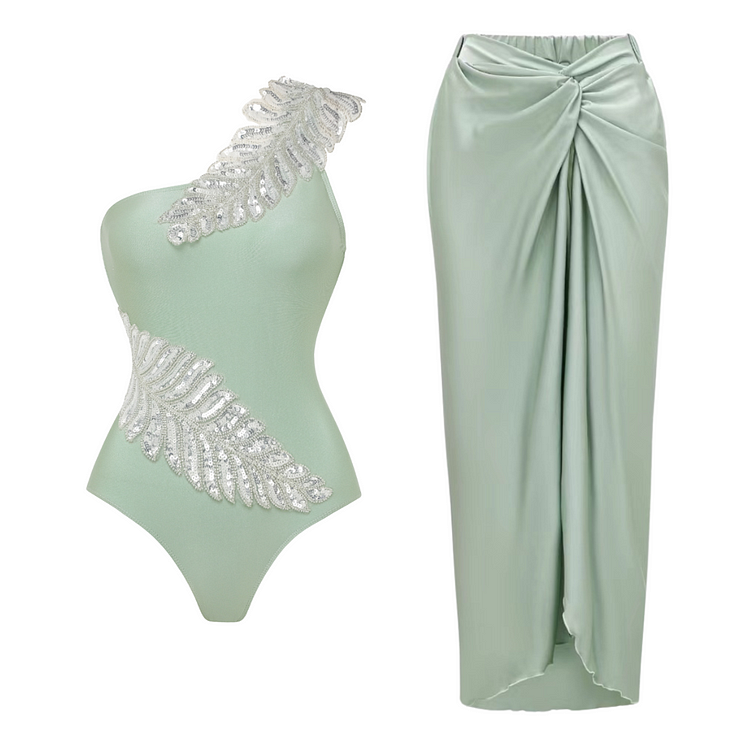 One Shoulder Green Leaf Sequin Embroidery One Piece Swimsuit and Sarong Vioye
