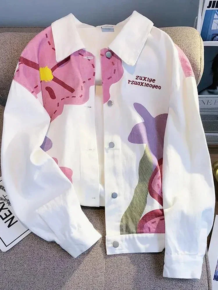 Huiketi Harajuku Women Denim Jacket Loose Bf Print Floral Designed Jeans Coats New Spring White Y2K Female Outwear