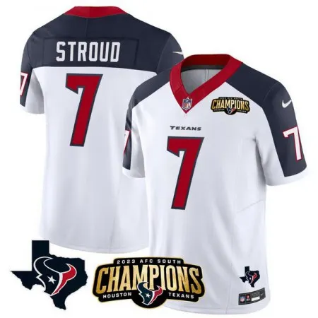 Men's Houston Texans #7 C.J. Stroud White/Navy 2023 F.U.S.E. AFC South Champions Patch And Team Logo Patch Vapor Untouchable Limited Stitched Football Jersey DD8D