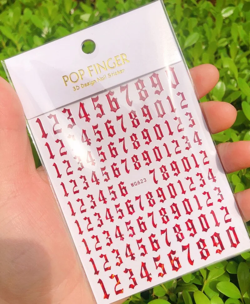 New Old English Big Size 80mm*103mm Numbers Nail Sticker Decals Wrap 3D Nail Art Supplies 6 Color Letter Number Sticker-Nail Inspo