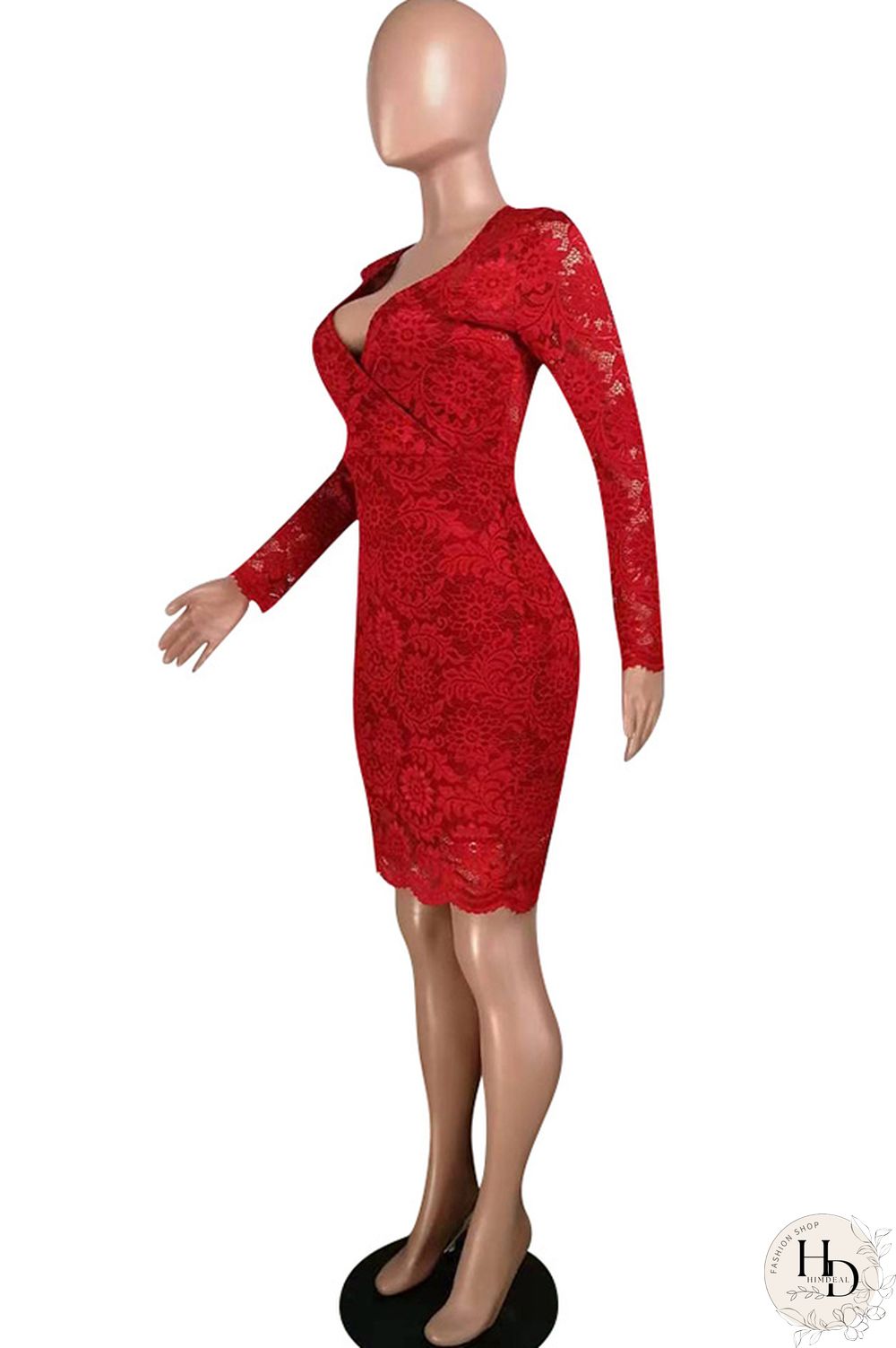 Red Lace Casual Cap Sleeve Long Sleeves V Neck Step Skirt Knee-Length lace Solid Patchwork Broken flower