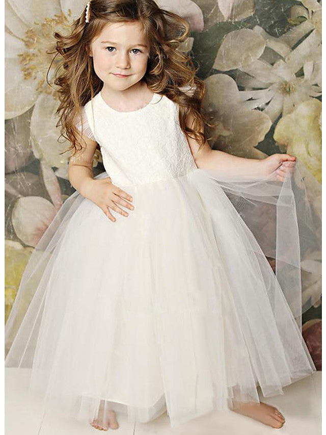 Oknass Sleeveless Jewel Neck A-Line Floor Length Flower Girl Dress Lace Satin Tulle With Lace